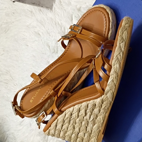 New Georgie Stuart Weitzman Tan Brown Wedge Espadrille Sandals SZ 6.5 - Picture 10 of 16